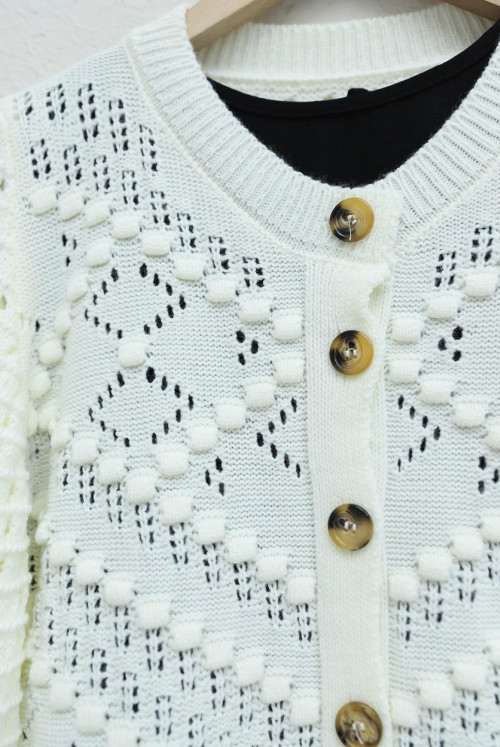 Ajurlu Embossed Bone Button Knitwear Cardigan  -White