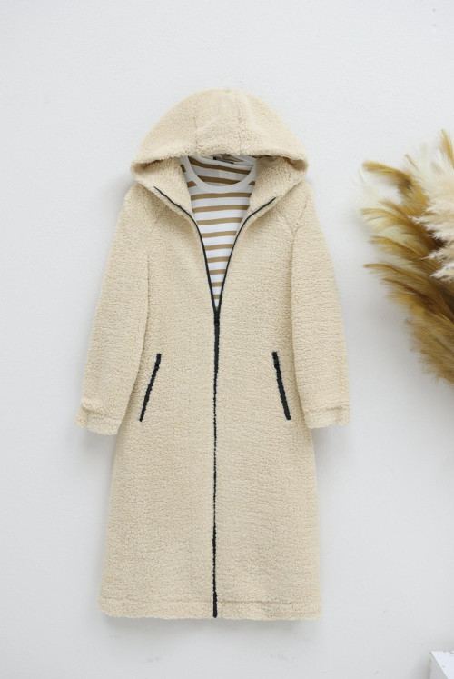 Lined Hooded Kuzu Pelüş Winter Coat -Mink