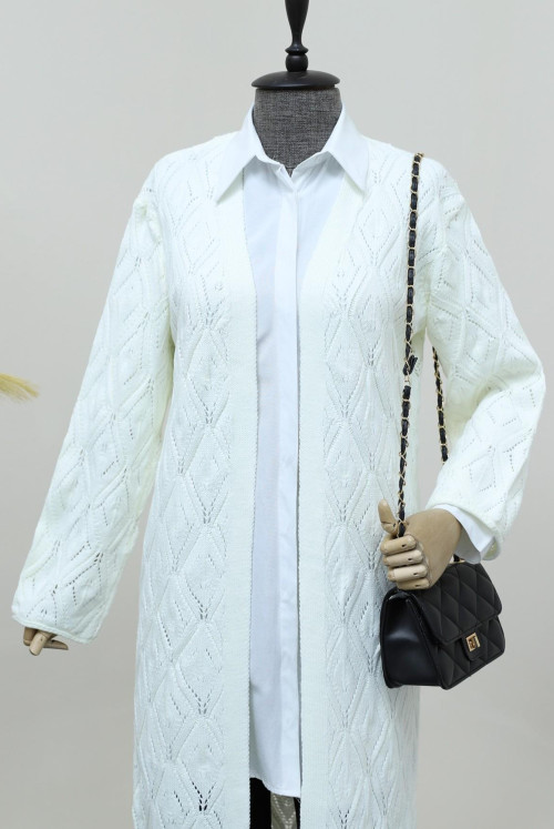 Baklawa Desen Ajurlu Long Knitwear Cardigan  -Cream