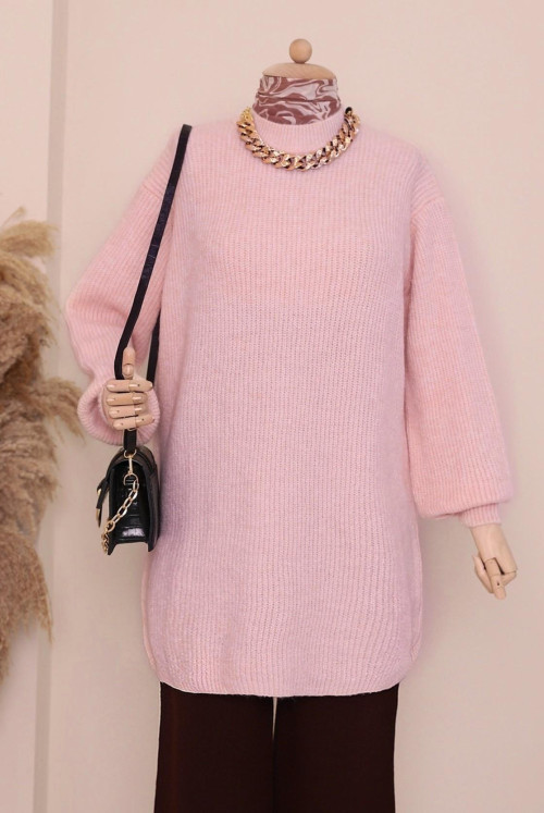 Balloon Arm Eyelash Knitted Knitwear Tunics      -Pink