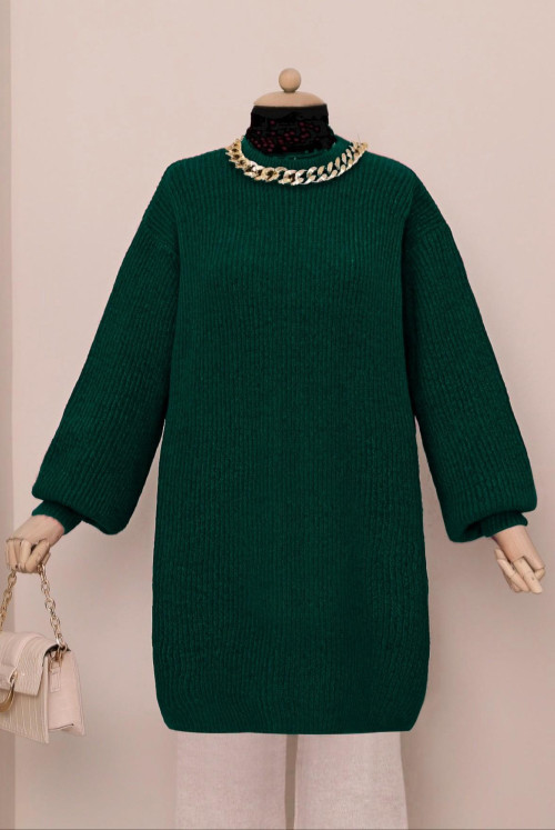Balloon Arm Eyelash Knitted Knitwear Tunics      -Emerald