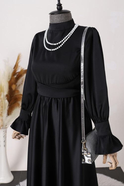 waisted Cross Bağlamalı Satin Evening Dress-Black