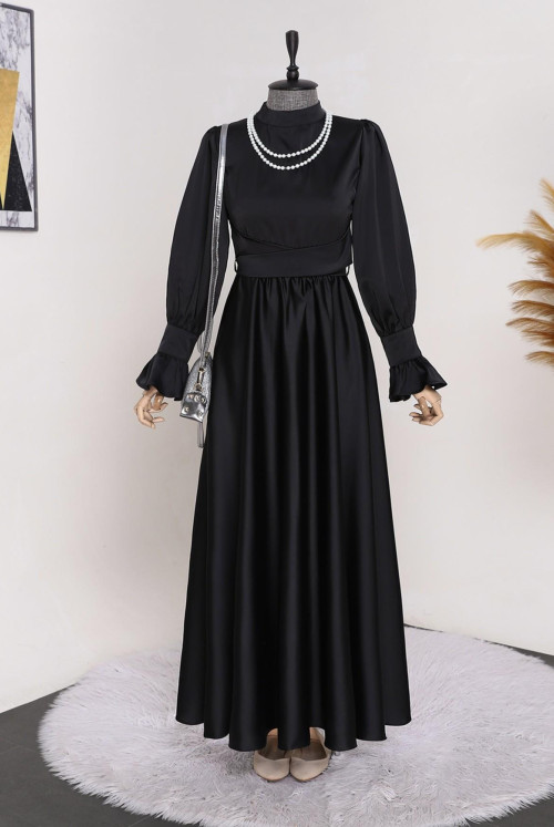 waisted Cross Bağlamalı Satin Evening Dress-Black