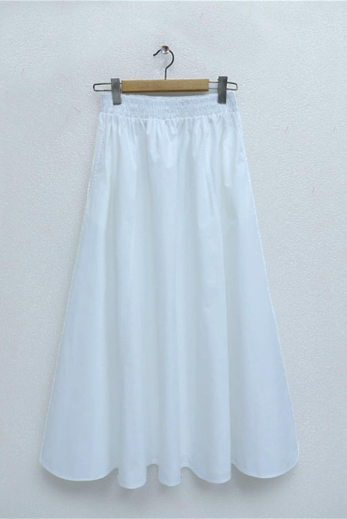 waisted Elastic Double Pockets Poplin flared Skirt -White