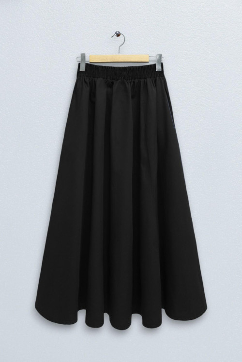 waisted Elastic Double Pockets Poplin flared Skirt -Black
