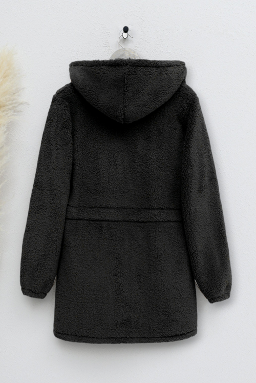 waisted Elastic Zipped Hooded Plush Polar  -Black