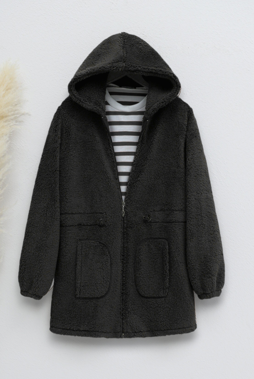 waisted Elastic Zipped Hooded Plush Polar  -Black