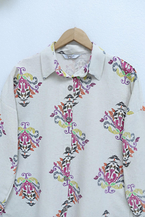 from end Button Patterned oversize Linen Tunics -Pink