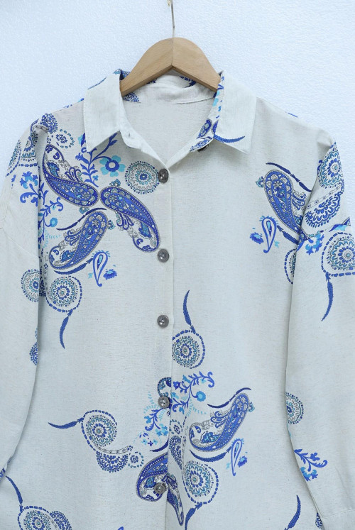 from end Button Patterned oversize Linen Tunics -Dark Blue