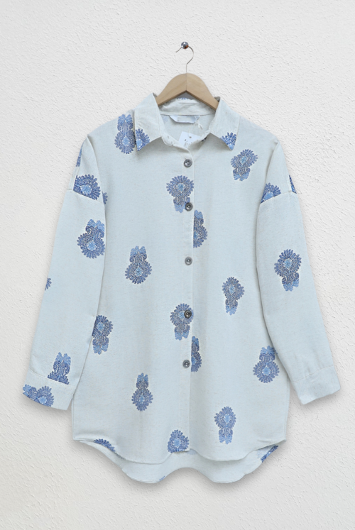 from end Button Patterned oversize Linen Tunics -İndigo