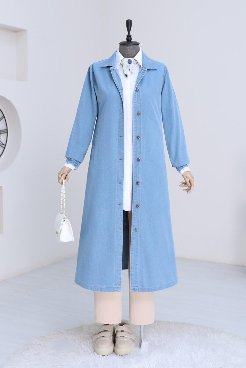 from end Button arm Elastic Jeans Women-Jackets -Light blue