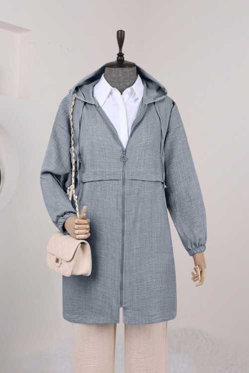 Pocket Detailed Linen Women-Jackets -Grey