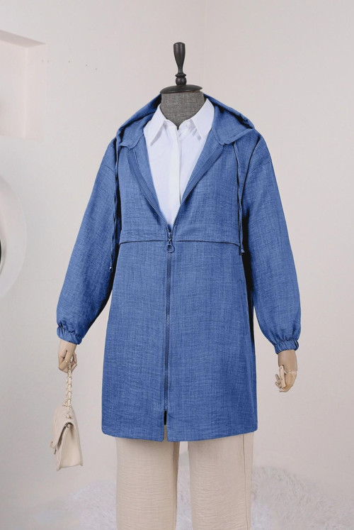 Pocket Detailed Linen Women-Jackets -İndigo