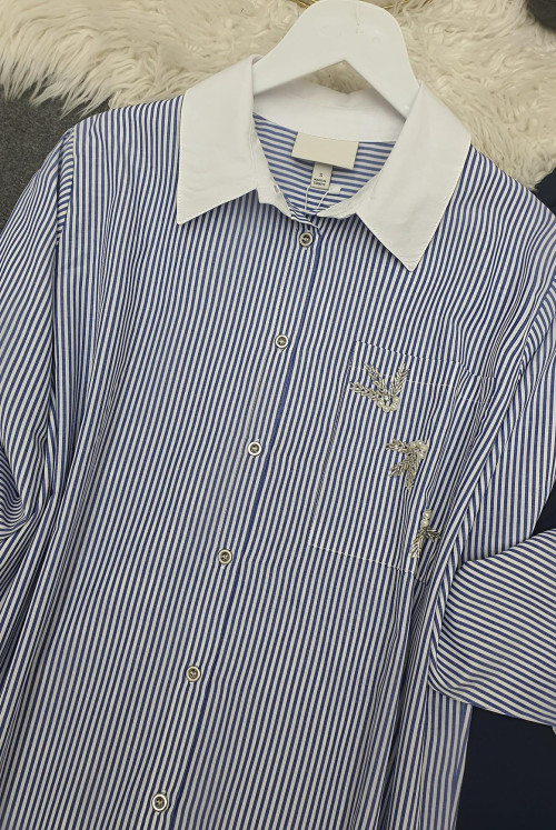Pocket Üzeri Stone Inlaid Striped Shirt -Blue