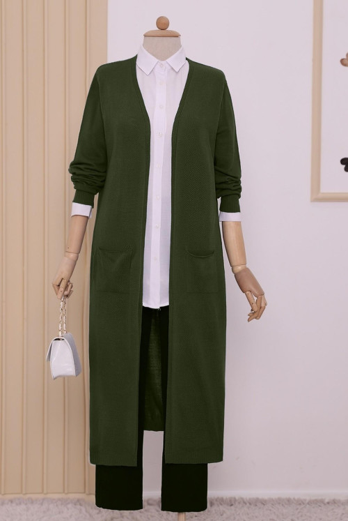 Pockets Hijab Long Cardigan  -Khaki