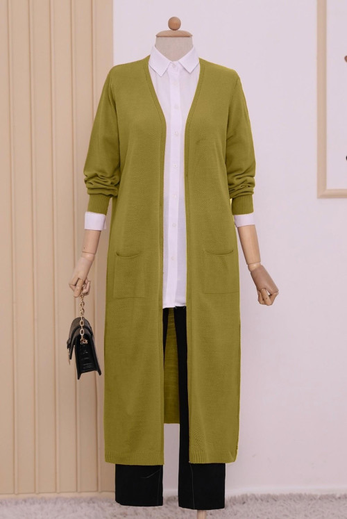 Pockets Hijab Long Cardigan  -Oil Green