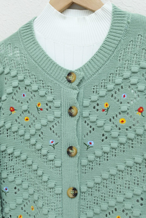 Çiçek Embroidered Ponponlu Ajurlu Knitwear Cardigan -Water green