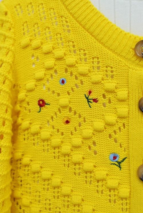 Çiçek Embroidered Ponponlu Ajurlu Knitwear Cardigan -Yellow