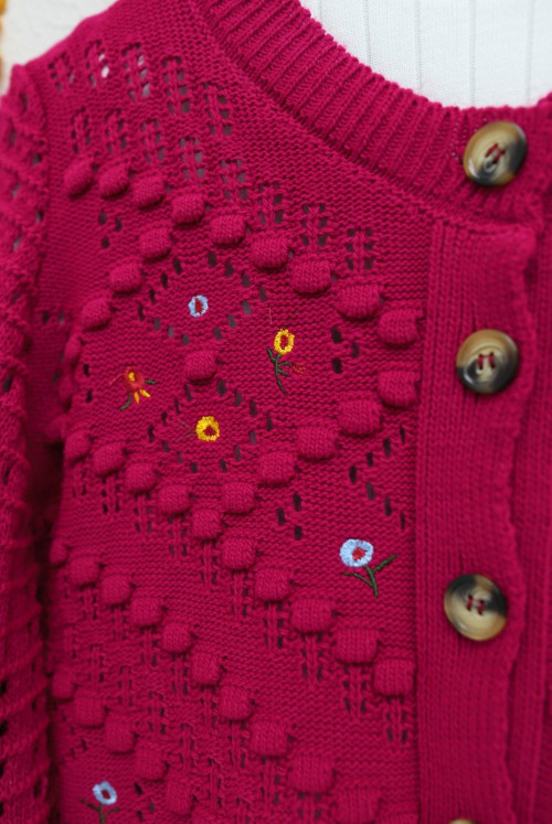 Çiçek Embroidered Ponponlu Ajurlu Knitwear Cardigan -Hot pink