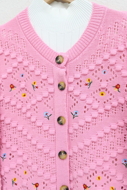Çiçek Embroidered Ponponlu Ajurlu Knitwear Cardigan -Pink