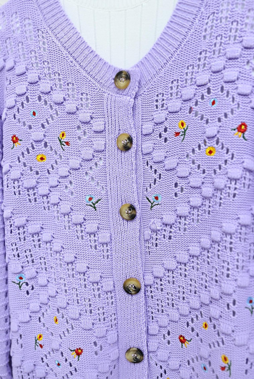 Çiçek Embroidered Ponponlu Ajurlu Knitwear Cardigan -Lila