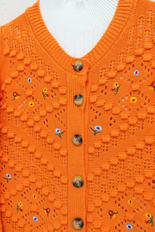 Çiçek Embroidered Ponponlu Ajurlu Knitwear Cardigan -Orange