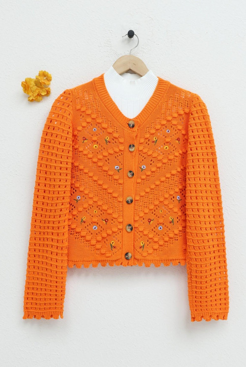 Çiçek Embroidered Ponponlu Ajurlu Knitwear Cardigan -Orange