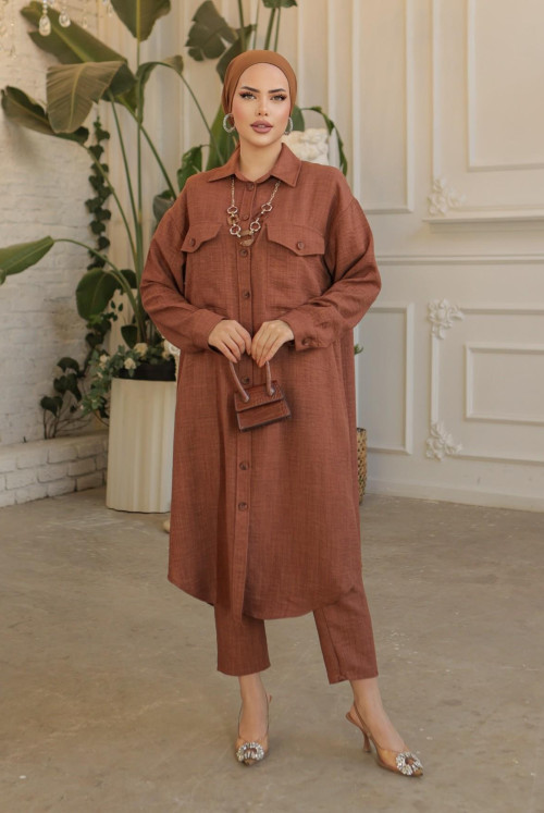 Double Pockets from end Button necklace Long Linen Tunics  -Brown