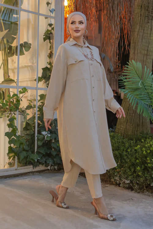 Double Pockets from end Button necklace Long Linen Tunics -Beige
