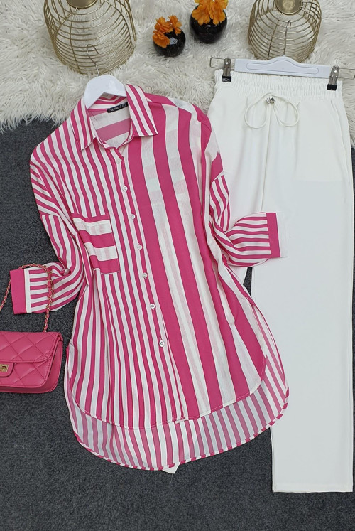 Striped Linen Shirt -Hot pink