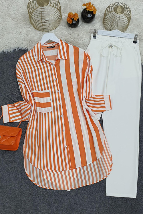 Striped Linen Shirt -Orange