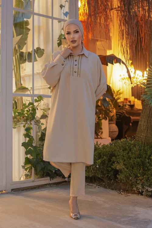 Button Lace Inlaid down at heels Linen Tunics -Beige