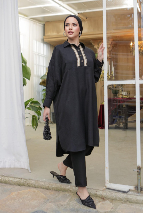 Button Lace Inlaid down at heels Linen Tunics -Black