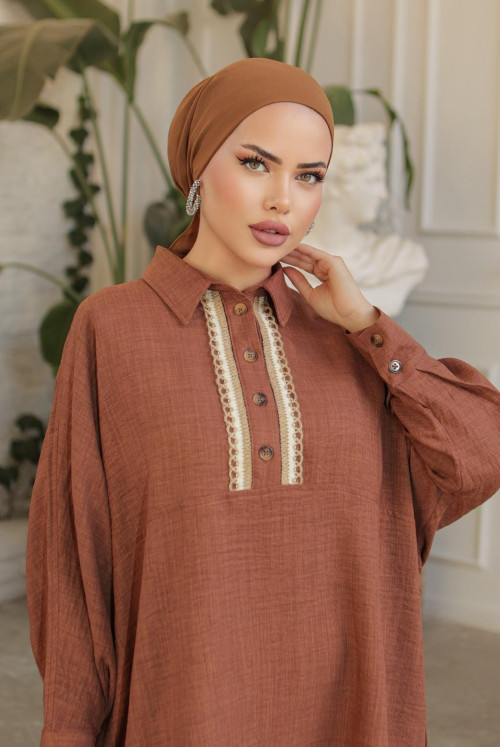 Button Lace Inlaid down at heels Linen Tunics  -Taba