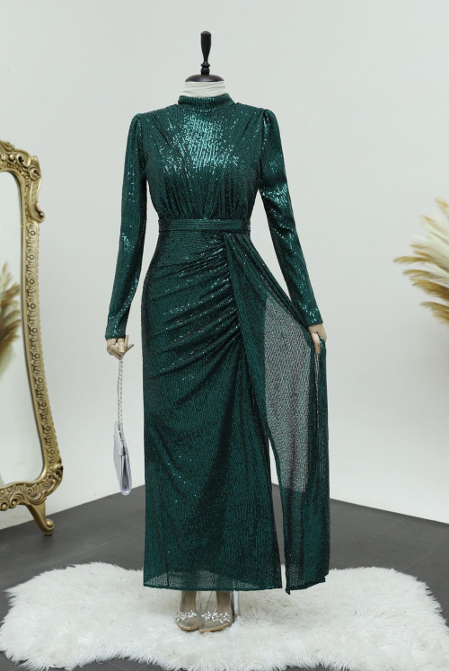 skirt Shirred Judge Collar Pul Payet Evening Dress -Emerald