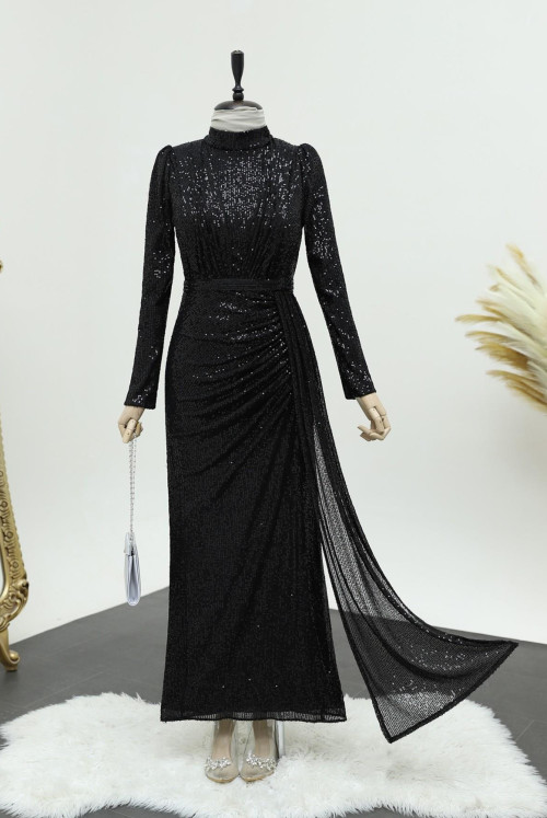 skirt Shirred Judge Collar Pul Payet Evening Dress -Black