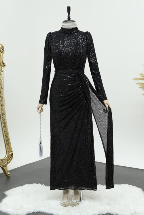 skirt Shirred Judge Collar Pul Payet Evening Dress -Black