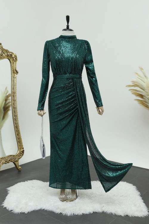 skirt Shirred Judge Collar Pul Payet Evening Dress -Emerald