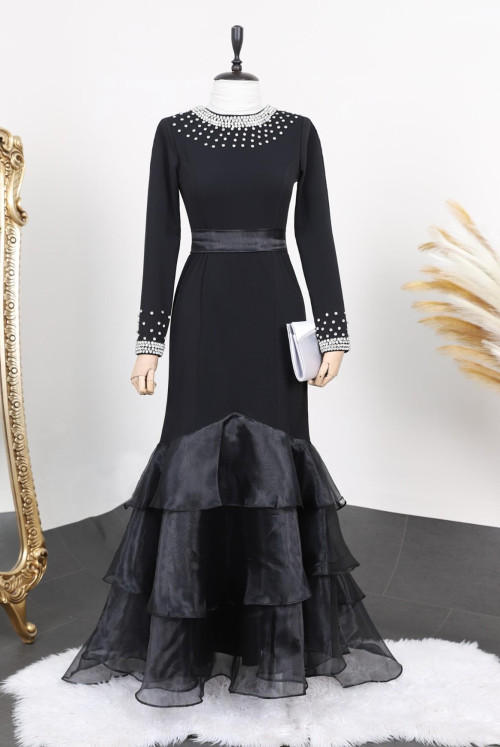 skirt Katlı Yakası and arm stony Evening Dress -Black