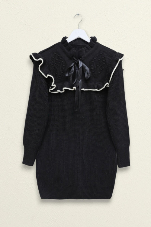 Frilly Yakası Laced Knitwear Sweater -Black