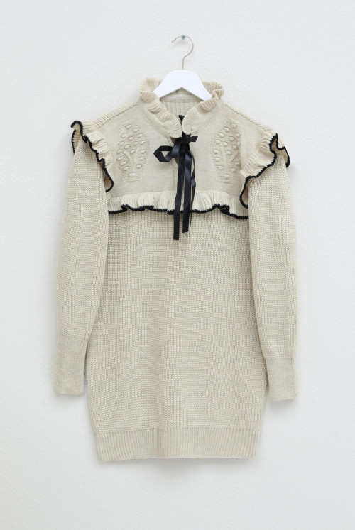 Frilly Yakası Laced Knitwear Sweater -Stone