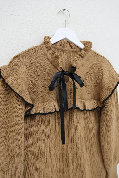 Frilly Yakası Laced Knitwear Sweater -Mink