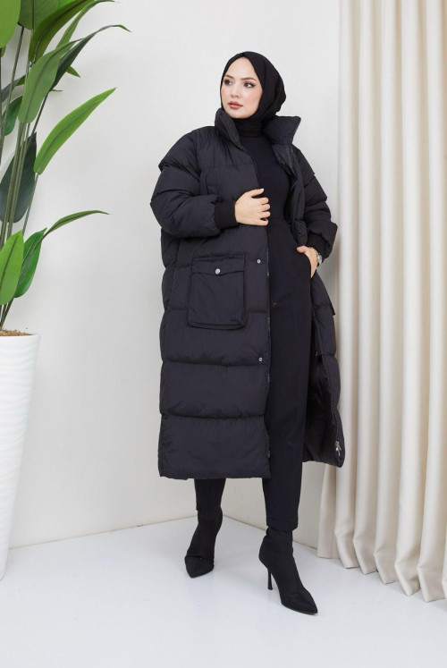 Hidden Hooded Elyaf Dolum Inflatable Coat -Black