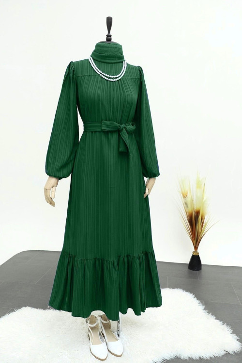 Chest Robalı Arched Gofre Dress  -Emerald
