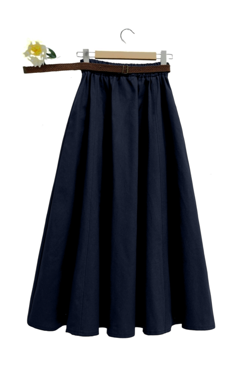 wicker Arched Cotton Gabardin Plentiful Skirt  -Navy blue
