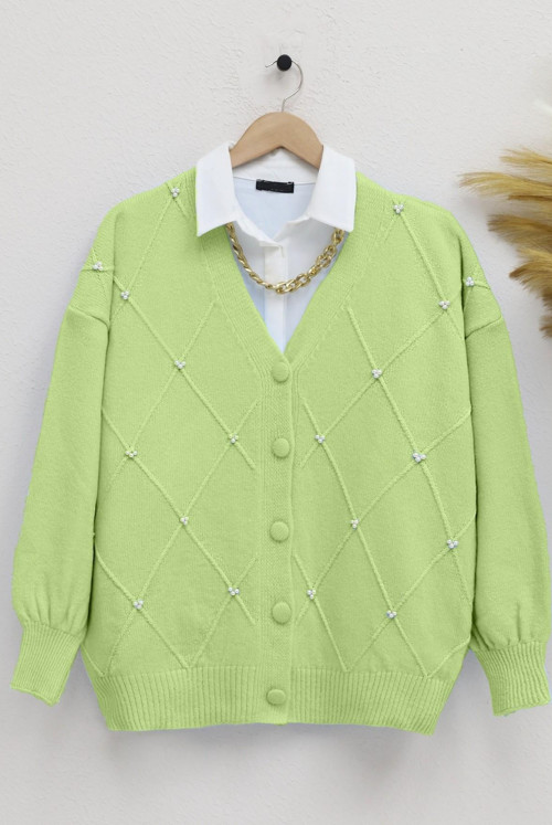 Pearl Detailed Button Eyelash Knitwear Cardigan  -F.Green