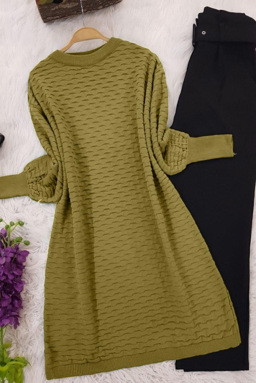 Kabartma Desen Knitwear Tunics    -Oil Green