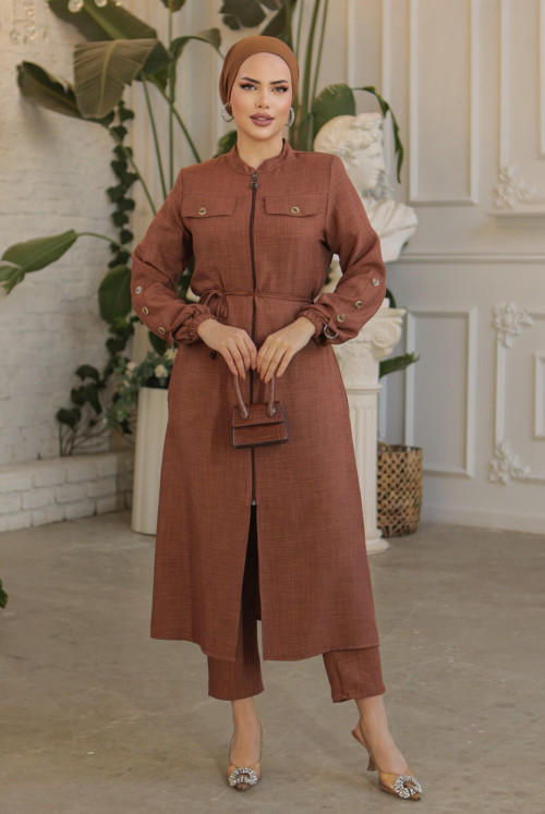 Kapak Pockets from end Zipped Linen Women-Jackets  -Brown