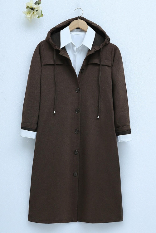 Hooded from end Button Binary Suit -Brown