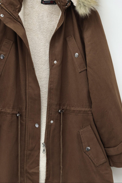Hood Çıkma Furry Pockets Laced Coat -Brown